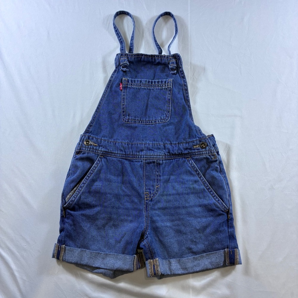 Levis Kids Denim Shortall Overalls Medium Wash Blue Bib Shorts Size 7